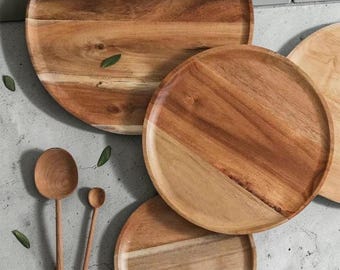 Natural Wooden Snack Dish | 15/20/25cm Round Acacia Platter for Pizza & Fruit