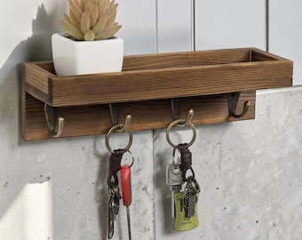 Estante de madera de 4 ganchos para llaves / Estante de pared para colgar llaves, correas y gafas de sol.