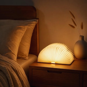 May include: A portable book-shaped lamp with a wooden cover and accordion-style paper pages that emit a warm, soft glow. The lamp is positioned on a wooden surface, casting light across the surrounding area with its fan-like, semi-circular structure.