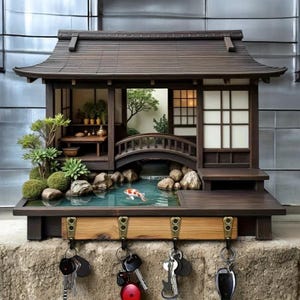May include: A miniature Japanese-style house with a pond, bridge, and koi fish. The wooden structure features a sloped roof, interior details, and a key holder with several keys hanging below. The overall design is a decorative key holder.