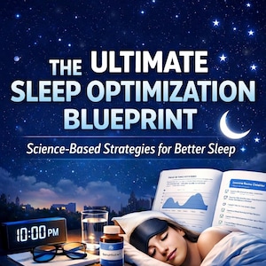 Puede incluir: Imagen que promueve la optimización del sueño. El título "THE ULTIMATE SLEEP OPTIMIZATION BLUEPRINT" se muestra sobre un cielo estrellado. Una mujer duerme plácidamente con una máscara para dormir, junto a un libro, un vaso de agua, un frasco de suplementos y un reloj digital que marca las 22:00.
