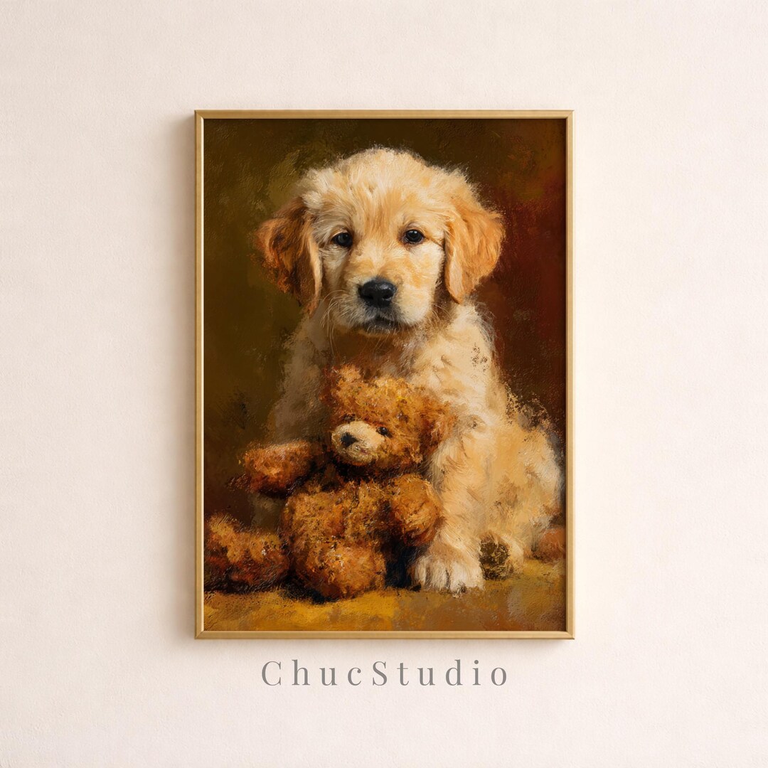Golden Retriever Puppy Art Print Teddy Bear Nursery Decor Cozy Vintage ...