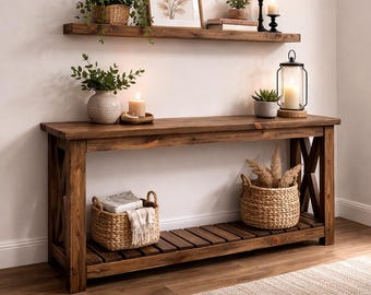 Rustic Console Table with Shelf | 25 cm depth Farmhouse Entryway Table | Reclaimed Wood and Pine Wood Hallway Table
