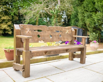 Rustic Garden Bench 150 cm | Solid Pine Wood Outdoor Bench | Handcrafted Wooden Seating | 2 to 3 Seater Engraved Patio Bench