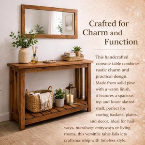 Solid Pine Console Table | Rustic Farmhouse Entryway Table with Shelf | 100 cm length image 3