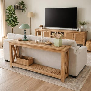 Achter de banktafel: smalle bijzettafel - rustieke houten banktafel massief grenen