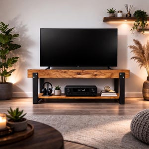 Op de afbeelding: Een modern tv-meubel met een grote zwarte televisie. De tv staat op een rustieke houten console met zwarte metalen poten. De console heeft een onderste plank met een stereoreceiver, kleine potplanten en decoratieve items.