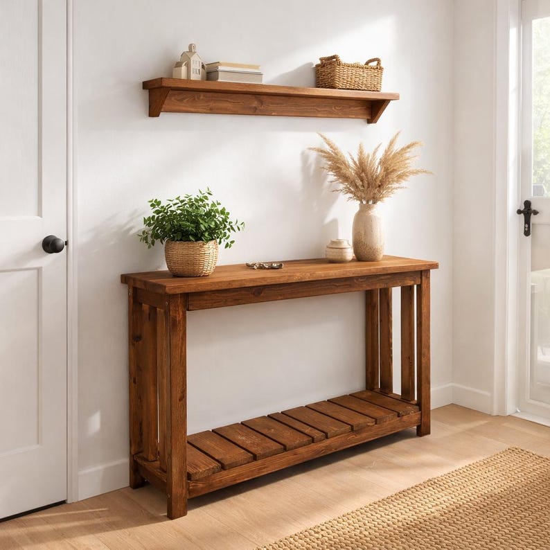 Solid Pine Console Table | Rustic Farmhouse Entryway Table with Shelf | 100 cm length image 6