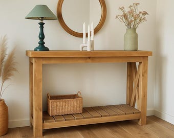 Schmaler Konsolentisch 25 cm | Skinny Eingangsbereich Tisch mit Regal | Rustikaler Flur-Tisch | Kiefernholz und recyceltes Kiefernholz