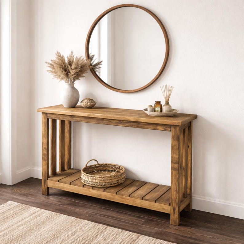 Solid Pine Console Table | Rustic Farmhouse Entryway Table with Shelf | 100 cm length image 9