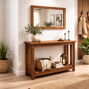 Solid Pine Console Table | Rustic Farmhouse Entryway Table with Shelf | 100 cm length image 2