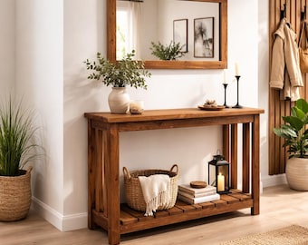 Konsolentisch aus massivem Kiefernholz | Rustikaler Bauernhaus Eingangstisch mit Regal | Handgemachter Flur-Tisch | Kieferholz und Altholz