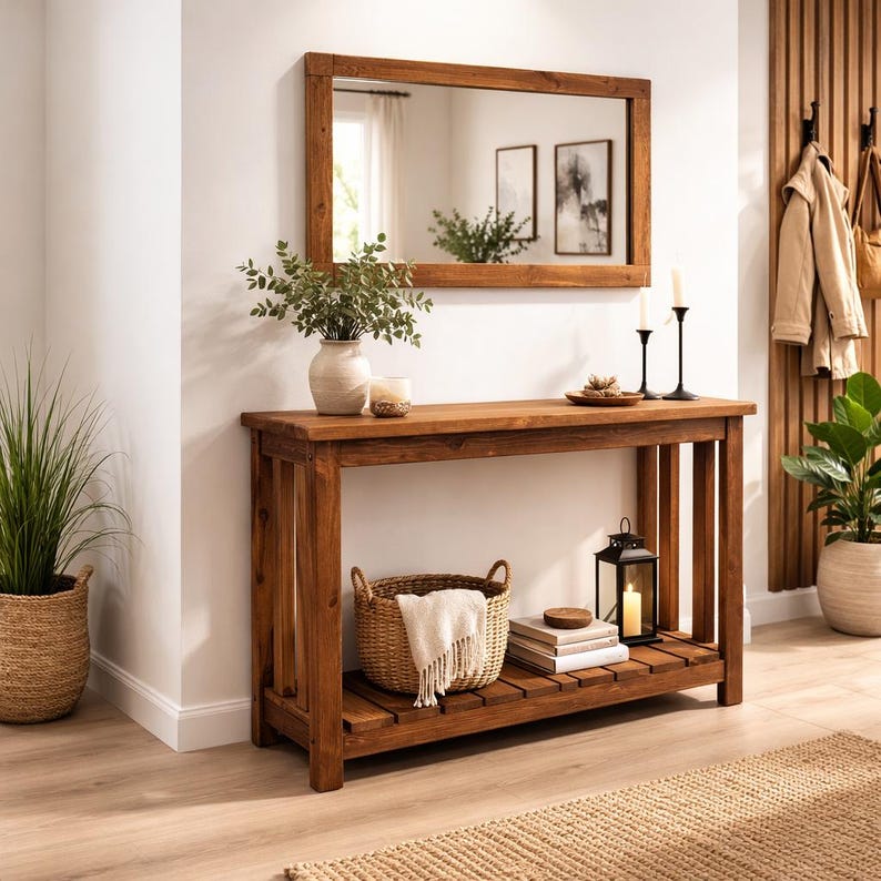Solid Pine Console Table | Rustic Farmhouse Entryway Table with Shelf | 100 cm length image 2