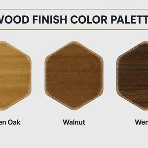 K&ouml;nnte beinhalten: Eine Holzoberfl&auml;chen-Farbpalette mit dem Text WOOD FINISH COLOR PALETTE oben. Darunter befinden sich drei sechseckige Farbmuster mit den Bezeichnungen Golden Oak, Walnut und Wenge, die helle, mittlere und dunkle Holzmaserungen zeigen.