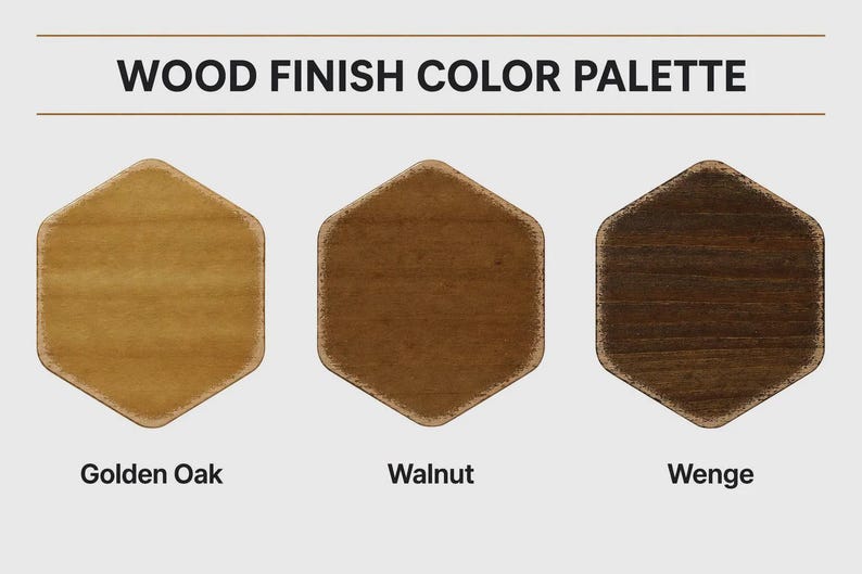 K&ouml;nnte beinhalten: Eine Holzoberfl&auml;chen-Farbpalette mit dem Text WOOD FINISH COLOR PALETTE oben. Darunter befinden sich drei sechseckige Farbmuster mit den Bezeichnungen Golden Oak, Walnut und Wenge, die helle, mittlere und dunkle Holzmaserungen zeigen.