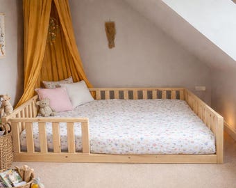 Montessori Floor Bed for Toddler | Solid Pine Wood Kids Bed with Safety Rails | Handmade Wooden Toddler Bed Frame