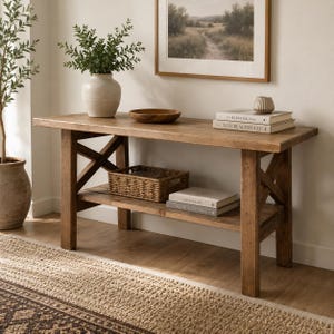 May include: A rectangular wooden console table with X-shaped side supports and a lower shelf. The table holds a white ceramic vase with greenery, a wooden bowl, and two stacked books. A woven basket and two more books sit on the lower shelf.