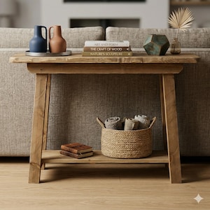 Può includere: Una consolle in legno rustico con un ripiano inferiore e un cestino intrecciato. Il piano del tavolo espone un vaso blu e terracotta, libri e un vaso geometrico turchese. Una foglia di palma secca è in un piccolo vaso di vetro.