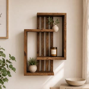 Rustieke wandplank, handgemaakte massief houten plank, geometrische houten wanddecoratie, plantenplank in boerderijstijl, 80 x 50 cm