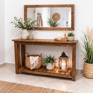 Solid Pine Console Table | Rustic Farmhouse Entryway Table with Shelf | 100 cm length