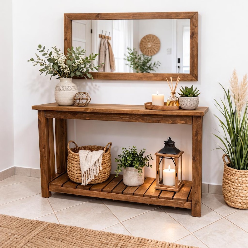 Solid Pine Console Table | Rustic Farmhouse Entryway Table with Shelf | 100 cm length image 1
