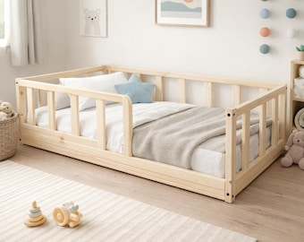Montessori Bodenbett | Kinderbett aus massivem Kiefernholz mit Schutzgitter | Kinderbettrahmen aus Holz | Handgefertigtes Kinderbett