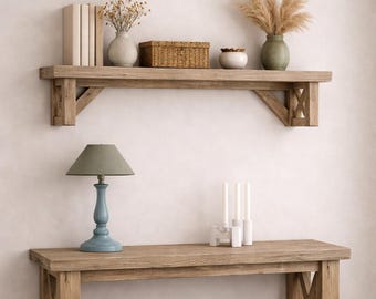 Rustikales Wandregal mit X Halterungen | Massives Schweberegal aus Kiefer | Bauernhaus-Wand-Dekor | Handgemachtes Holz Regal