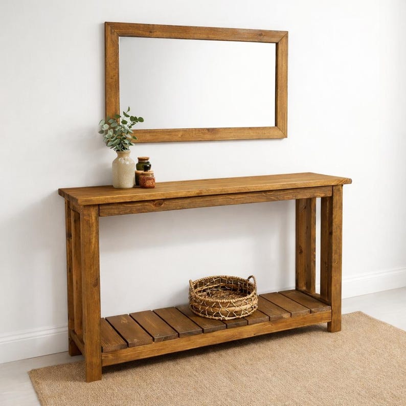 Solid Pine Console Table | Rustic Farmhouse Entryway Table with Shelf | 100 cm length image 4
