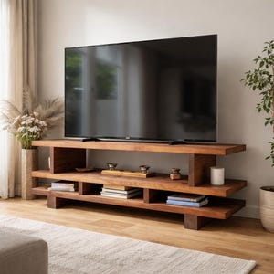 May include: A dark brown wooden TV stand with three shelves. The stand has a modern design with a large flat-screen TV on top. Decorative items and books are placed on the shelves. The stand is in a living room setting with a neutral colour palette.