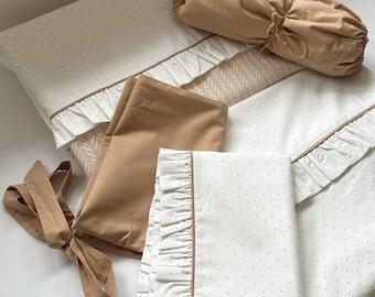 Elegant Ruffle Bedding Set with Polka Dots - 4 Pillowcase Set, Minimalist neutral Duvet Cover, Handmade Bedspread