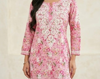 Pink Mal Cotton Kurti | Chikankari Floral Embroidery Tunic
