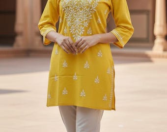 Handmade Cotton Chikankari Short Kurti | Jaipuri Fusion Ethnic Outfit for Women, Summer Boho Indian Tunic, Resort Vacation Wear
