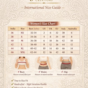 May include: An international women's size chart with bust measurements in inches, US, UK, EU, Italy, and Australia sizes. The chart includes XS to XXL sizes, with instructions for measuring bust, waist, and hip. The chart also includes the text "True to Size Fit".