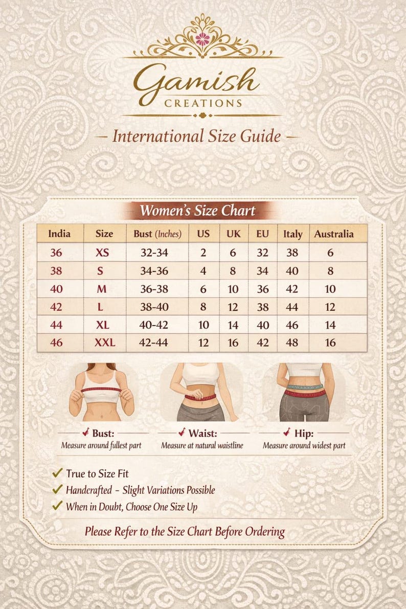 May include: An international women's size chart with bust measurements in inches, US, UK, EU, Italy, and Australia sizes. The chart includes XS to XXL sizes, with instructions for measuring bust, waist, and hip. The chart also includes the text "True to Size Fit".