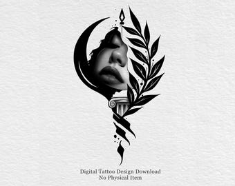 Artemis Moon Tattoo Design, Griekse mythologie Blackwork Woman Face (digitale download)