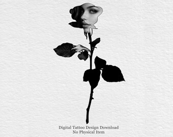 Silent Rose - surrealistische roos vrouw tattoo-ontwerp – Blackwork vrouwelijk bloemensjabloon gezicht (digitale download)