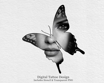 Vlindertattooontwerp – vrouwelijk gezicht zwart en grijs | Realistische tattoo-flitser | Digitale downloadsjabloon