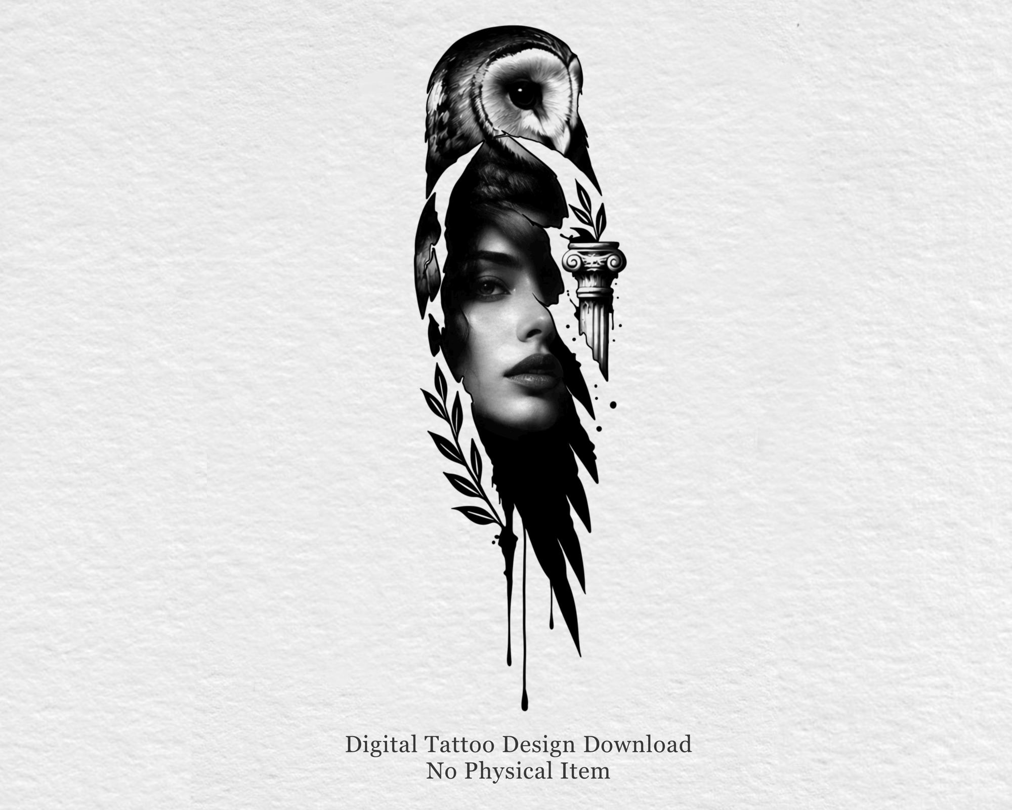 Owl Female Portrait Tattoo Design | Blackwork Mythology Stencil (Digital Download)