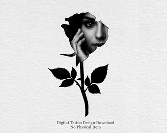 Veiled Bloom – Surrealistisch roos tattoo-ontwerp voor vrouwen | Digitale download Blackwork Feminine Face