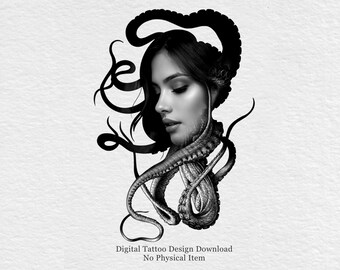Tattooontwerp vrouw octopus | Donker surrealistisch gotisch Blackwork Flash (digitale download)