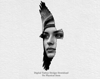 Minimalistisch vrouwenvogeltattooontwerp, vrouwelijke gezichtslijnkunst, abstract portret (digitale download)