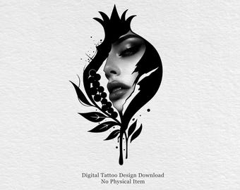 Tattooontwerp granaatappelvrouw – abstract mythologisch portret (digitale download)