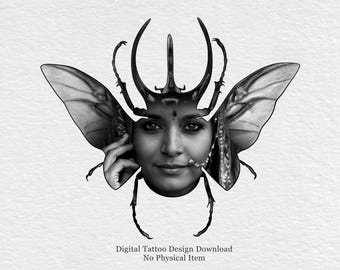 Surrealistisch insectenvrouw tattoo-ontwerp, kevergezicht, donker portret (digitale download)