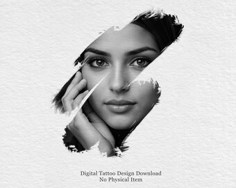 Abstract portret tattoo-ontwerp | Penseelstreek Blackwork Fine Line Art (digitale download)