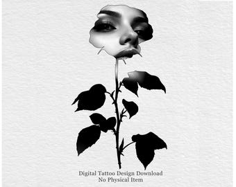 Verborgen bloemblaadjes - roos gezicht tattoo-ontwerp – digitale download – afdrukbare muurkunst – tattoo stencilillustratie