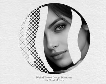 Geometrische tattoo met vrouwengezicht, abstracte cirkelkunst (digitale download)