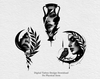 Griekse godin tattoo-ontwerpen, geïnspireerd op Artemis, Athena, minimaal zwartwerk (digitale download)