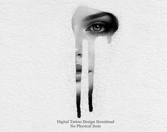 Abstracte negatieve ruimteportrettattoo | Ontwerp met druipende inkt | Minimale Blackwork-tatoeage | Digitale download