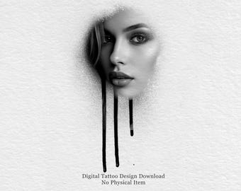 Portret tattoo-ontwerp met abstracte inkt | Kunst met druipend gezicht | Minimale Blackwork-tatoeage | Digitale download