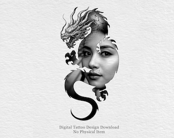 Dragon Woman tattoo-ontwerp, minimalistisch zwartwerk, fijne lijntekeningen (digitale download)